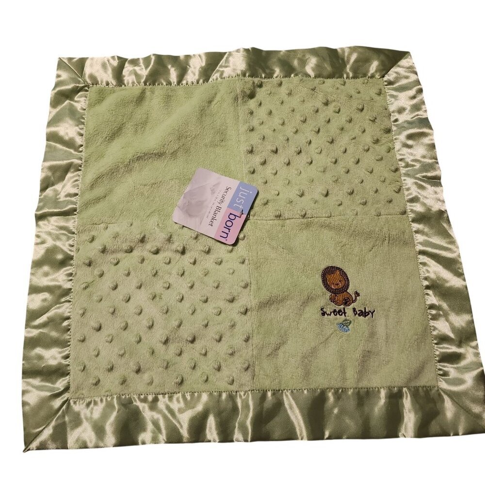 New Just Born green lovey security blanket Minky dot satin Lion Sweet Baby